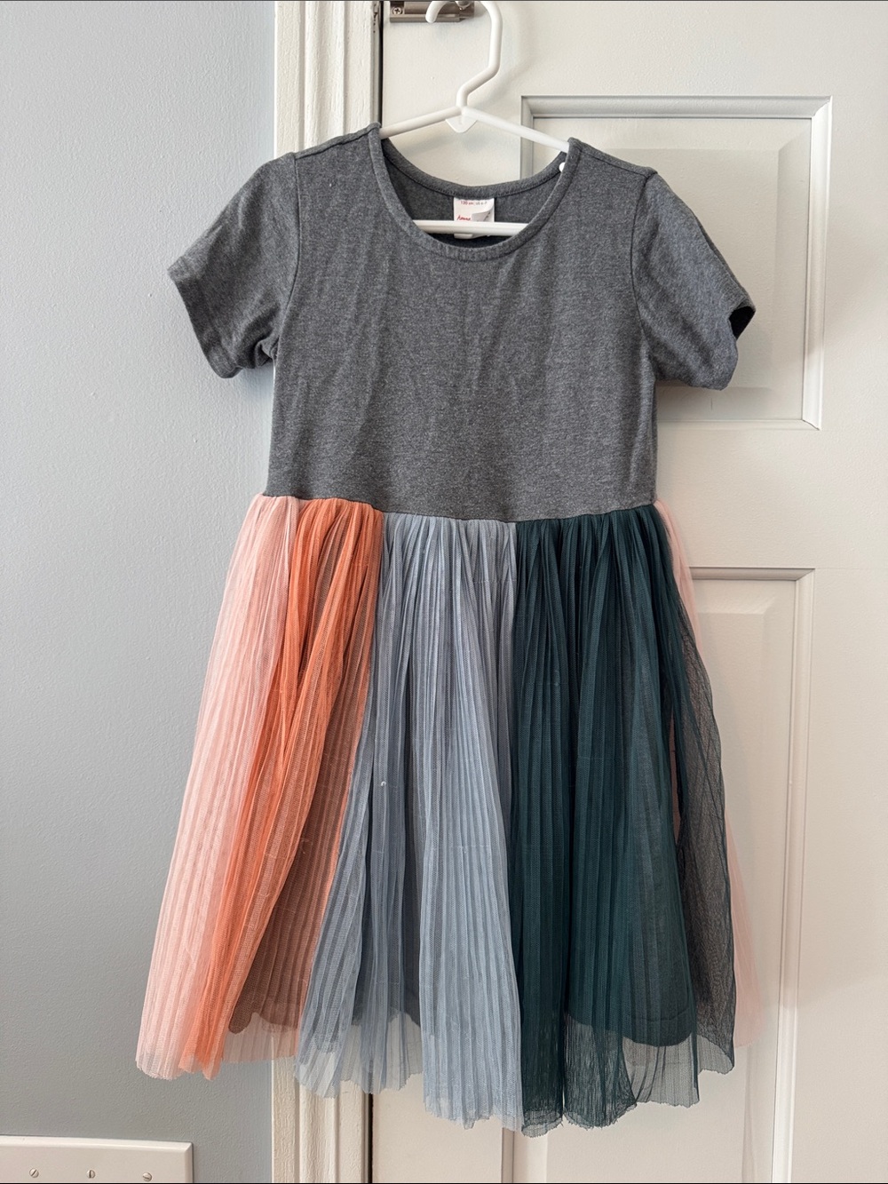 Hanna Andersson Gray Knit Dress with Pink, Peach, Light Blue & Teal Tulle Skirt